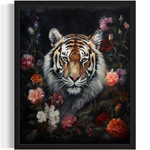 Tiger and Flower Art Print, Scary Spooky Gothic Wall Art Painting Decor Photo