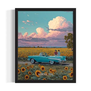 Kansas Sunflower Field States Art Print, Living Room Wall Art Poster, Original Painting Artwork Decor