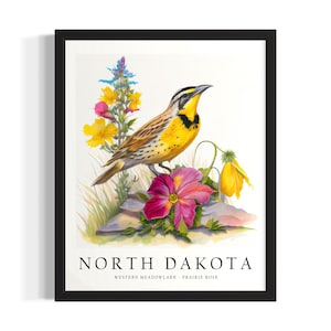 North Dakota Bird States Poster Art Print, Living Room Wall Art Poster, Original Painting Artwork Decor