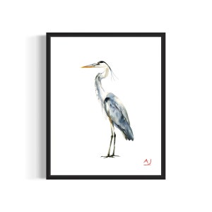 Heron Poster Art Print, Watercolor Bird Painting Wall Decor Signed by Artist