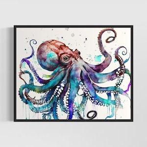 Impression d'art aquarelle pieuvre bleue, affiche d'art mural peinture pieuvre bleue, oeuvre d'art originale par l'artiste