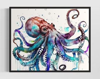 Blue Octopus Watercolor Art Print, Blue Octopus Painting Wall Art Poster, Original Artwork  by Artist