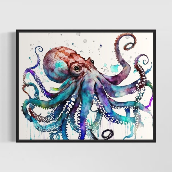 Blue Octopus Watercolor Art Print, Blue Octopus Painting Wall Art Poster, Original Artwork  by Artist