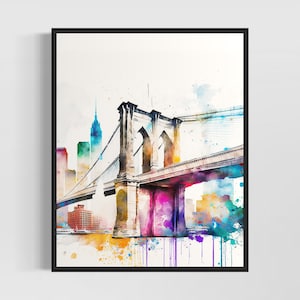 Impresión artística en acuarela del puente de Brooklyn de la ciudad de Nueva York, pintura decorativa de pared del puente de Brooklyn, obra de arte original del artista