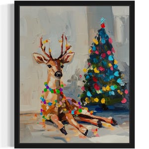 Póster navideño de reno, impresión artística, póster de arte mural para sala de estar, pintura original, decoración artística