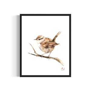 Impresión artística en póster de Wren, pintura de acuarela de pájaro, decoración de pared firmada por el artista