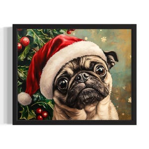 Pug Christmas Animals Poster Art Print, Living Room Wall Art Poster, Original Painting Artwork Decor