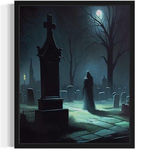Ghost in a Graveyard Art Print, Scary Spooky Gothic Wall Art Painting Decor Photo