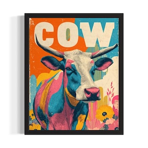 Cow Pop Art Animal Poster Art Print, Living Room Wall Art Poster, Original Painting Artwork Decor