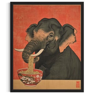 Elephant Animal Kitchen Ramen Poster Art Print, Kitchen Wall Art Poster, Original Painting Artwork Decor