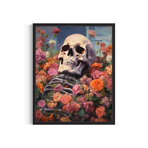 Impressão de arte de esqueleto e flores, pintura de arte de parede gótica vintage, decoração de foto