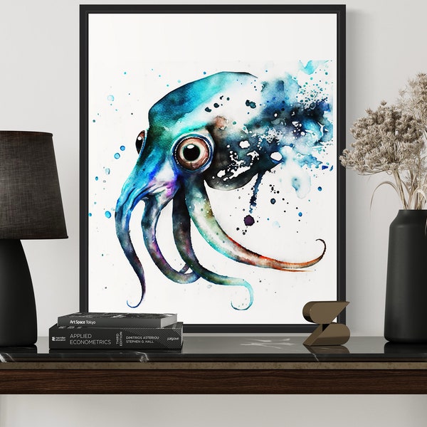 Squid Watercolor Art Print, Squid Painting Wall Art Poster, Original Artwork  by Artist