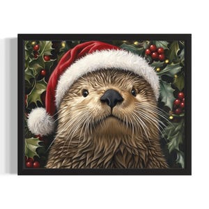 Sea Otter Christmas Animals Poster Art Print, Living Room Wall Art Poster, Original Painting Artwork Decor