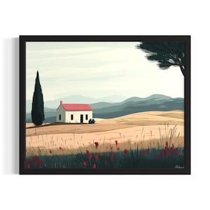 Farmhouse Landscape Poster Art Print, Living Room Wall Art Poster, Original Painting Artwork Decor