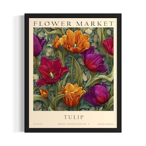 Tulip Flower Market Poster Art Print, Living Room Wall Art Poster, Original Painting Artwork Decor