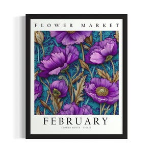 February Violet Flower Month Poster Art Print, Living Room Wall Art Poster, Original Painting Artwork Decor