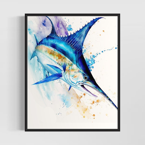 Blue Marlin Watercolor Art Print, Blue Marlin Painting Wall Art Decor, Original Artwork  by Artist