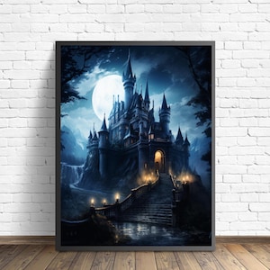 Impresión artística de castillo gótico a la luz de la luna, pintura decorativa de arte de pared gótico espeluznante y embrujado