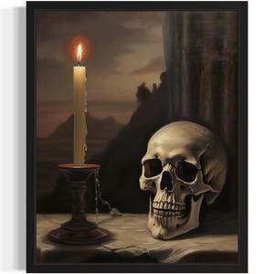 Skull and Candle Art Print, Scary Spooky Gothic Wall Art Painting Decor Photo