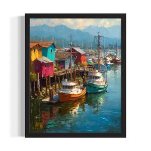 Washington fishing village States Poster Art Print, Living Room Wall Art Poster, Original Painting Artwork Decor
