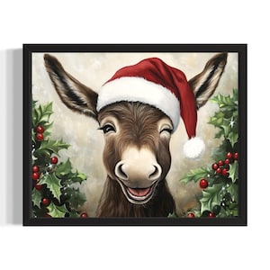 Donkey Christmas Animals Poster Art Print, Living Room Wall Art Poster, Original Painting Artwork Decor