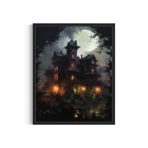 Haunted Mansion Art Print, Scary Spooky Gothic Wall Art Painting Decor Photo