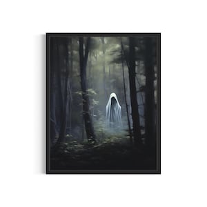 Ghost in Forest Art Print, Vintage Gothic Wall Art Painting Decor Photo