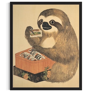 Sloth Animal Kitchen Sushi Poster Art Print, Kitchen Wall Art Poster, Original Painting Artwork Decor