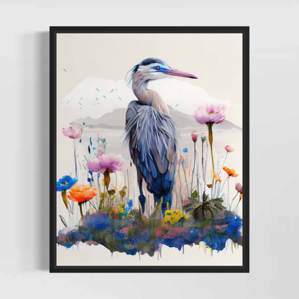 Blue Heron Watercolor Art Print, Blue Heron Painting Wall Art Decor, Original Artwork  by Artist