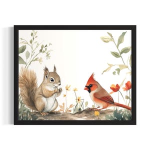 Eichhörnchen und Kardinal im Harmony Forest Wildlife Poster Art Print, Wohnzimmer Wand Kunst Poster Originale Malerei Kunstwerk Dekor