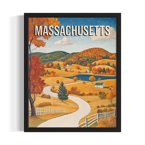 Massachusetts Autumn States Poster Art Print, Living Room Wall Art Poster, Original Painting Artwork Decor