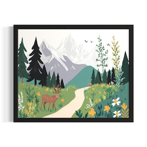 Mountain and Wildlife Children Nursery Poster Art Print, Living Room Wall Art Poster, Original Painting Artwork Decor