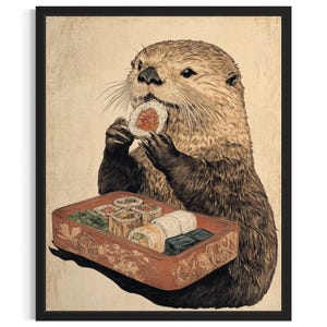 Sea Otter Animal Kitchen Sushi Poster Art Print, Kitchen Wall Art Poster, Original Painting Artwork Decor