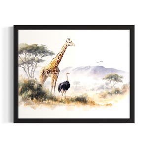 Giraffe and Ostrich Animal in Safair in Harmony Poster Art Print, Living Room Wall Art Poster, Original Painting Artwork Decor