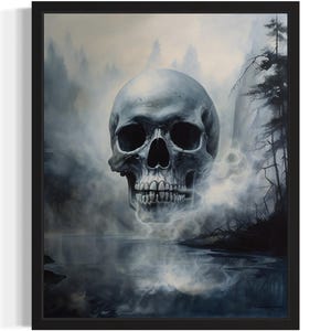 Foggy Skull Art Print, Scary Spooky Gothic Wall Art Painting Decor Photo