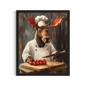 Moose Animal Chef Poster Art Print, Kitchen Wall Art Poster, Original Painting Artwork Decor