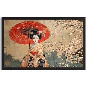 Geisha and Cherry Blossoms Japanese Poster Art Print, Living Room Wall Art Poster, Original Painting Artwork Decor