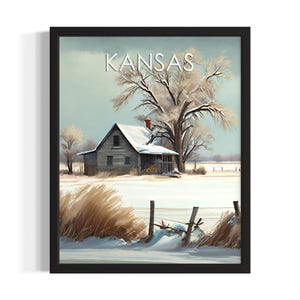 Kansas Winter Scene States Art Print, Living Room Wall Art Poster, Original Painting Artwork Decor