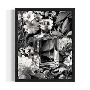 Parfumflesje met bloemen Fashion zwart-wit poster Art Print, woonkamer muurkunst poster, origineel schilderij artwork decor
