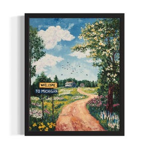 Michigan Welcome States Poster Art Print, Living Room Wall Art Poster, Original Painting Artwork Decor
