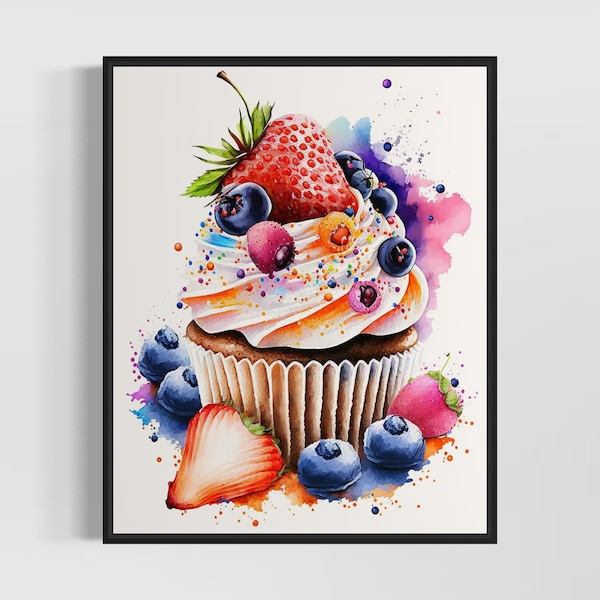 Strawberry Cupcake Aquarelle Art Print, Cupcake Peinture Wall Art Decor, Oeuvre originale par l'artiste