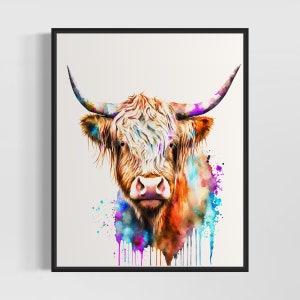 Highland Cow Watercolor Art Print, Highland Cow Christmas Painting Wall Art Decor, Original Artwork  by Artist