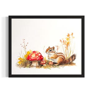 Chipmunk and Mushroom Animal in Harmony Forest Wildlife Poster Art Print, Living Room Wall Art Poster, Original Painting Artwork Decor