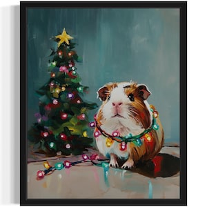 Póster navideño de conejillo de indias, impresión artística, póster de arte mural para sala de estar, pintura original, decoración artística