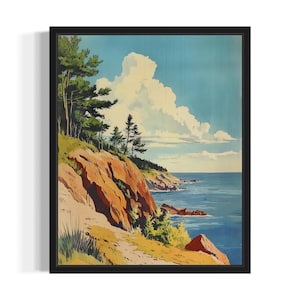 Maine Rocky Coastlilne States Art Print, Living Room Wall Art Poster, Original Painting Artwork Decor