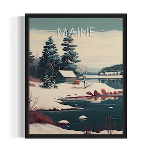 Maine Winter Scene States Art Print, Living Room Wall Art Poster, Original Painting Artwork Decor