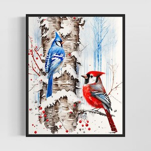 Blue Jay and Red Cardinal Watercolor Art Print, Blue Jay and Red Cardinal Painting Wall Art Decor, Original Artwork  by Artist