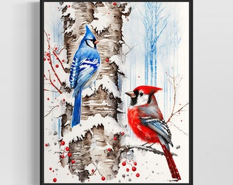 Blue Jay and Red Cardinal Watercolor Art Print, Blue Jay and Red Cardinal Painting Wall Art Decor, Original Artwork  by Artist