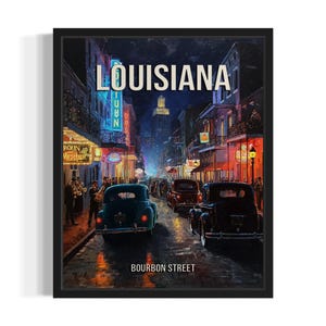 Louisiana Bourbon Street at night States Art Print, Living Room Wall Art Poster, Original Painting Artwork Decor