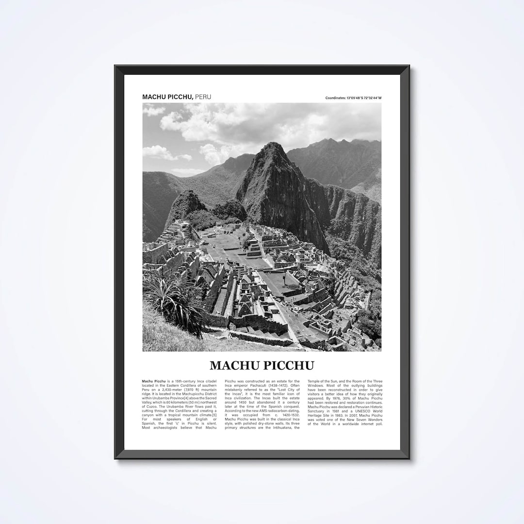 Machu Picchu Black and White, Machu Picchu, Peru Photo Print,